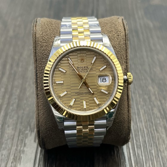 Datejust series men's and women's watches with wave pattern gold dial, gold bezel, 36mm and 41mm sizes, and two-tone five-link bracelet.